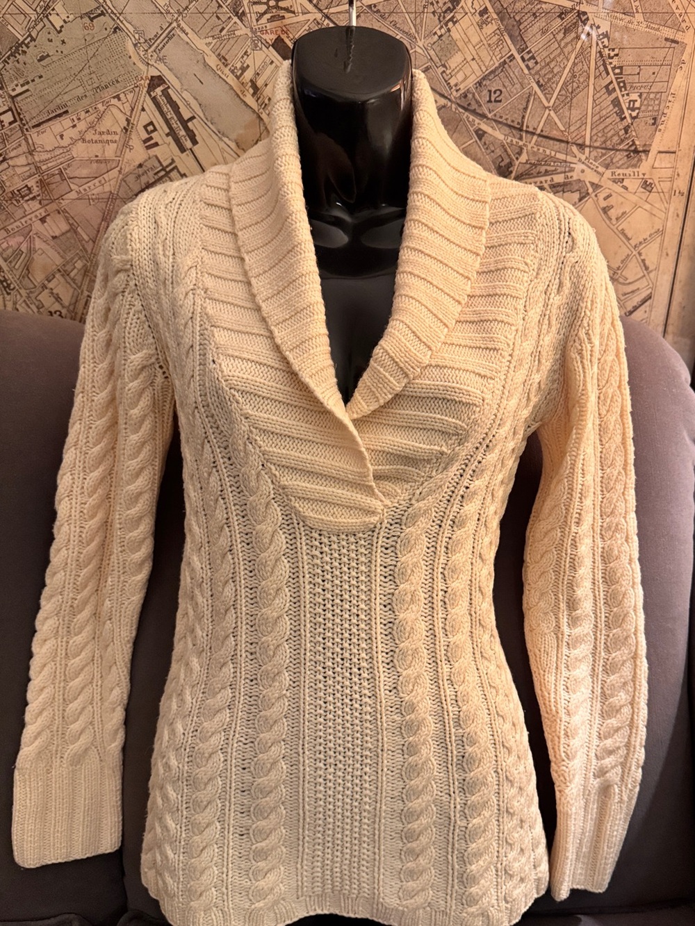 Adrienne Vittadini Cream Cable-Knit Shawl-Collar Sweater | Size Small